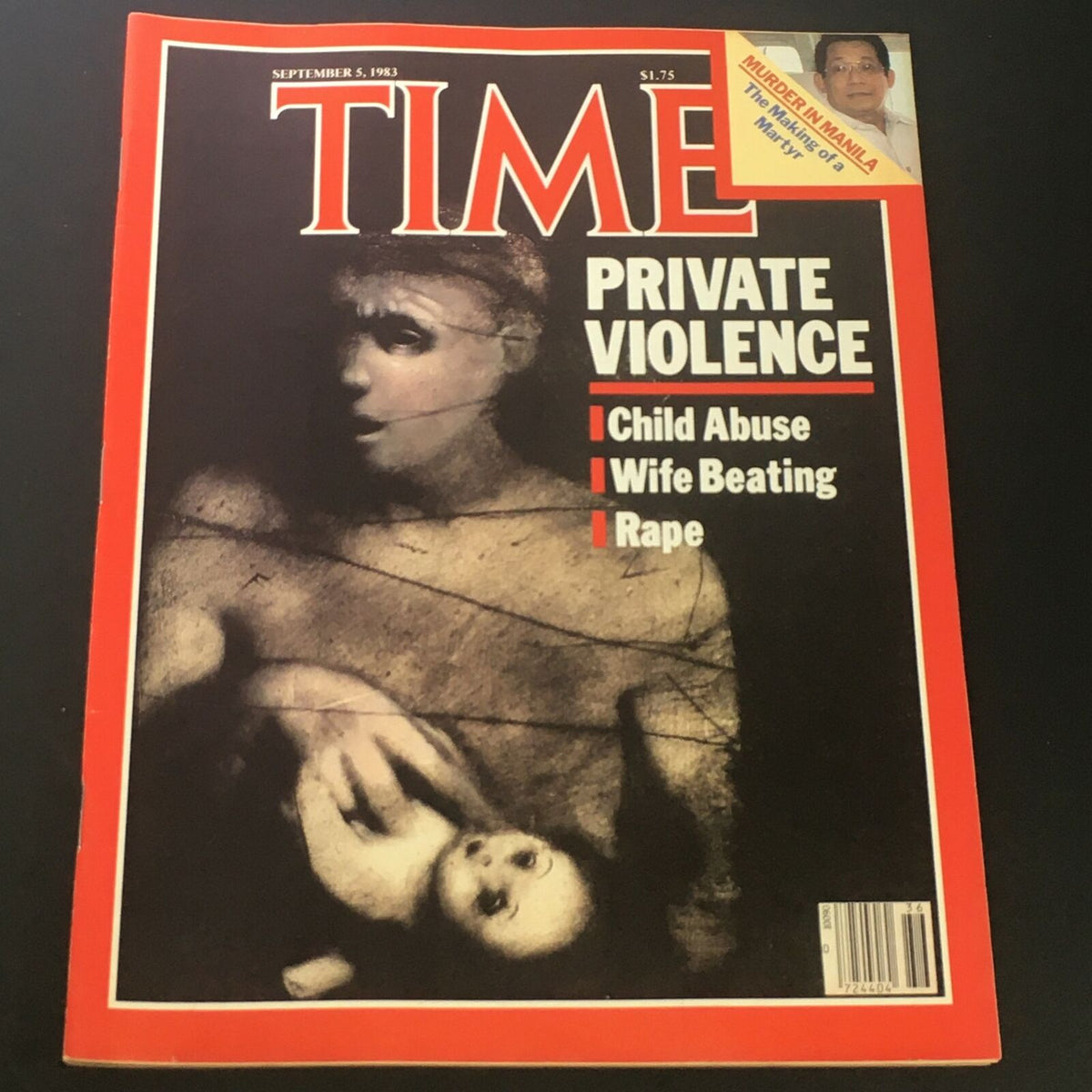 Cover of VTG Time Magazine dated September 5, 1983, featuring the title 'Private Violence' discussing child abuse, wife beating, and rape, with an image illustrating the theme and a reference to Benigno Aquino Sr.