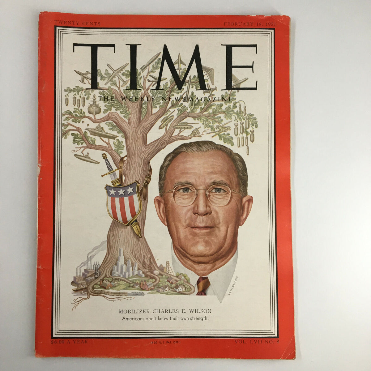 VTG Time Magazine Cover from February 19, 1951, featuring Mobilizer Charles E. Wilson, illustrating the theme of American strength with depictions of trees and symbols of industry.