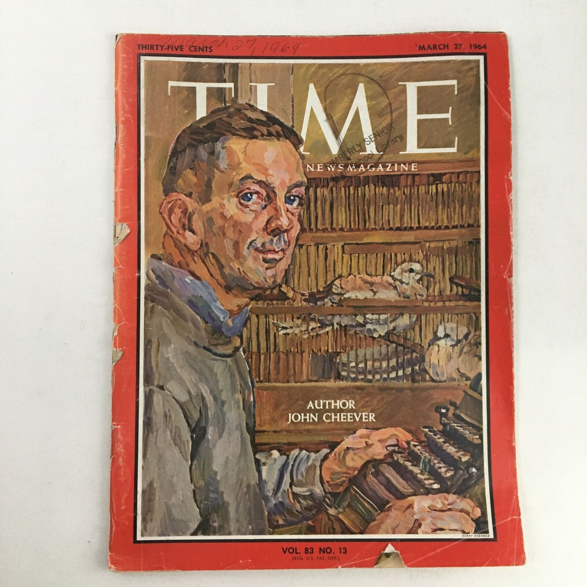 Cover image of Time Magazine from March 27, 1964, Volume 83, Issue #13 featuring author John Cheever with a backdrop of bookshelves and typewriter. This vintage magazine encapsulates the cultural significance of the 1960s.