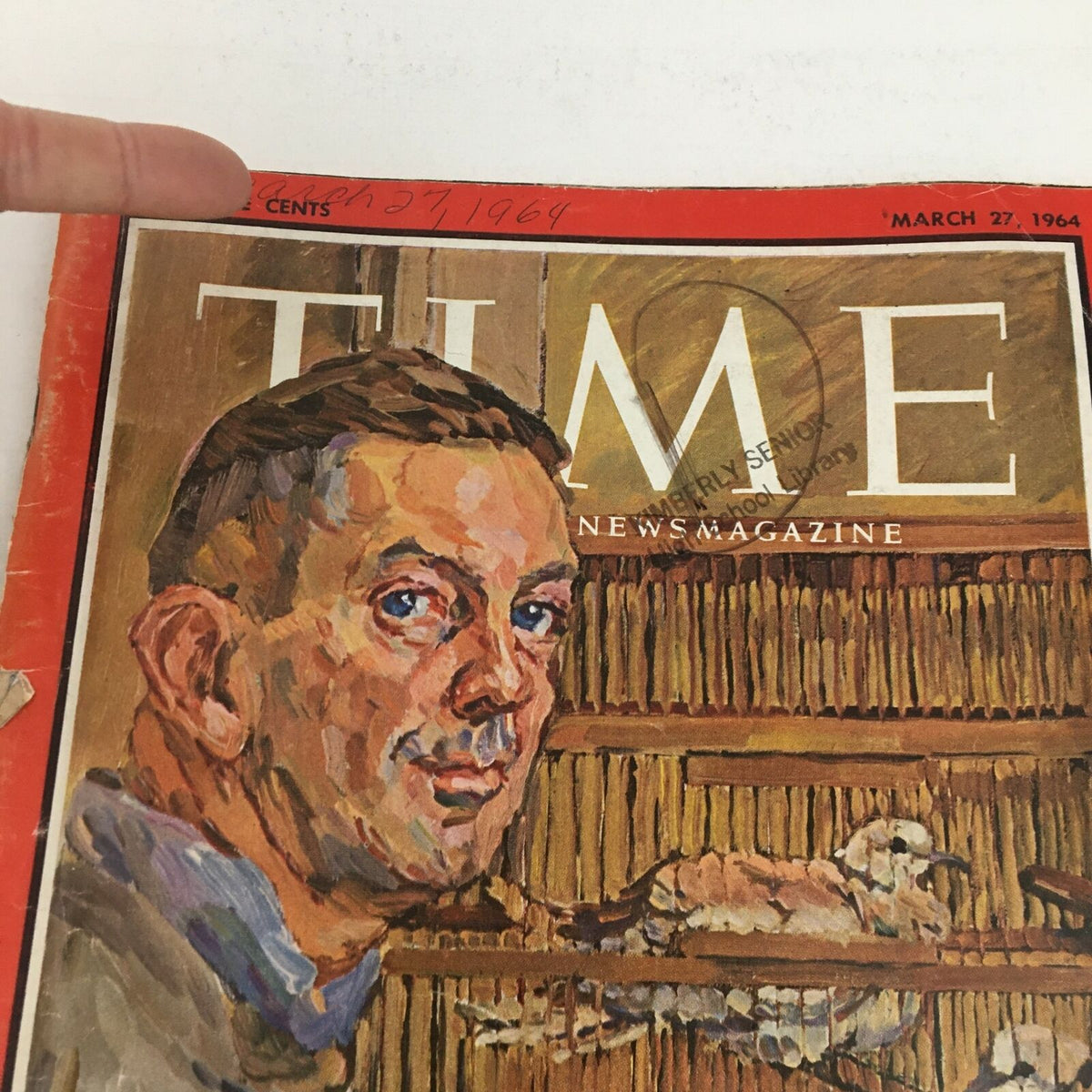 Front cover of Time Magazine March 27 1964 Vol 83 #13 featuring an illustration of author John Cheever, with date written as 'March 27, 1964'.