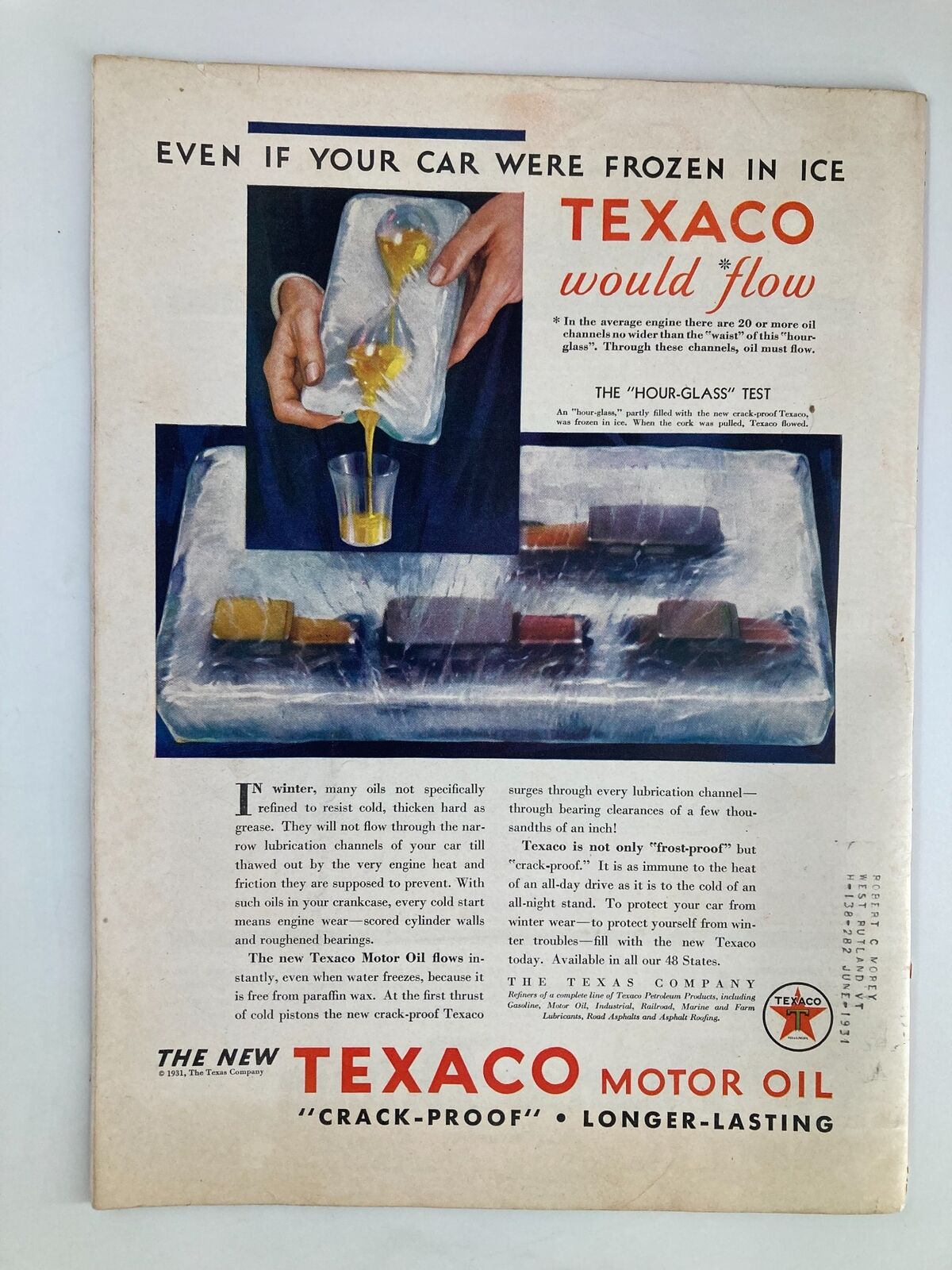 Back cover advertisement of VTG Time Magazine January 19 1931 promoting Texaco Motor Oil with information about its winter performance.