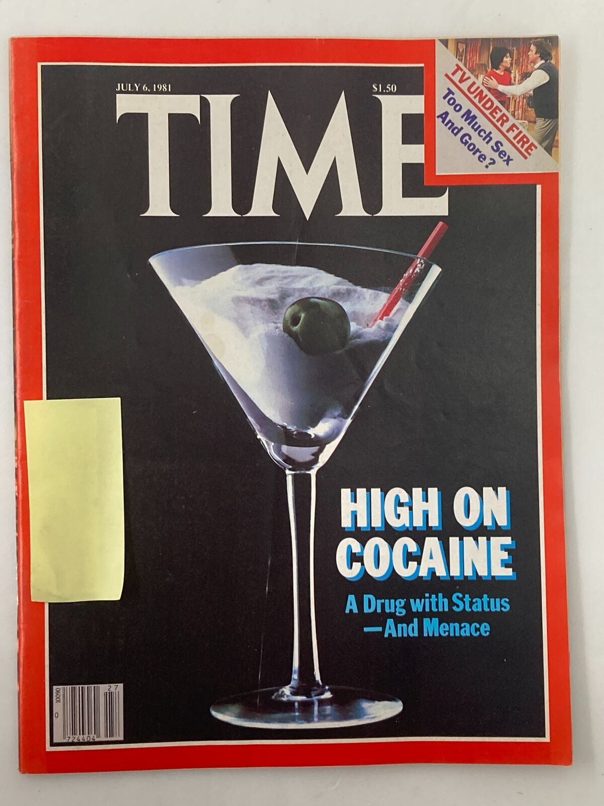 Cover of VTG Time Magazine from July 6, 1981, featuring the headline "High on Cocaine: A Drug with Status and Menace," showcasing a martini glass with dry ice and an olive, highlighting societal attitudes toward cocaine in the 1980s.