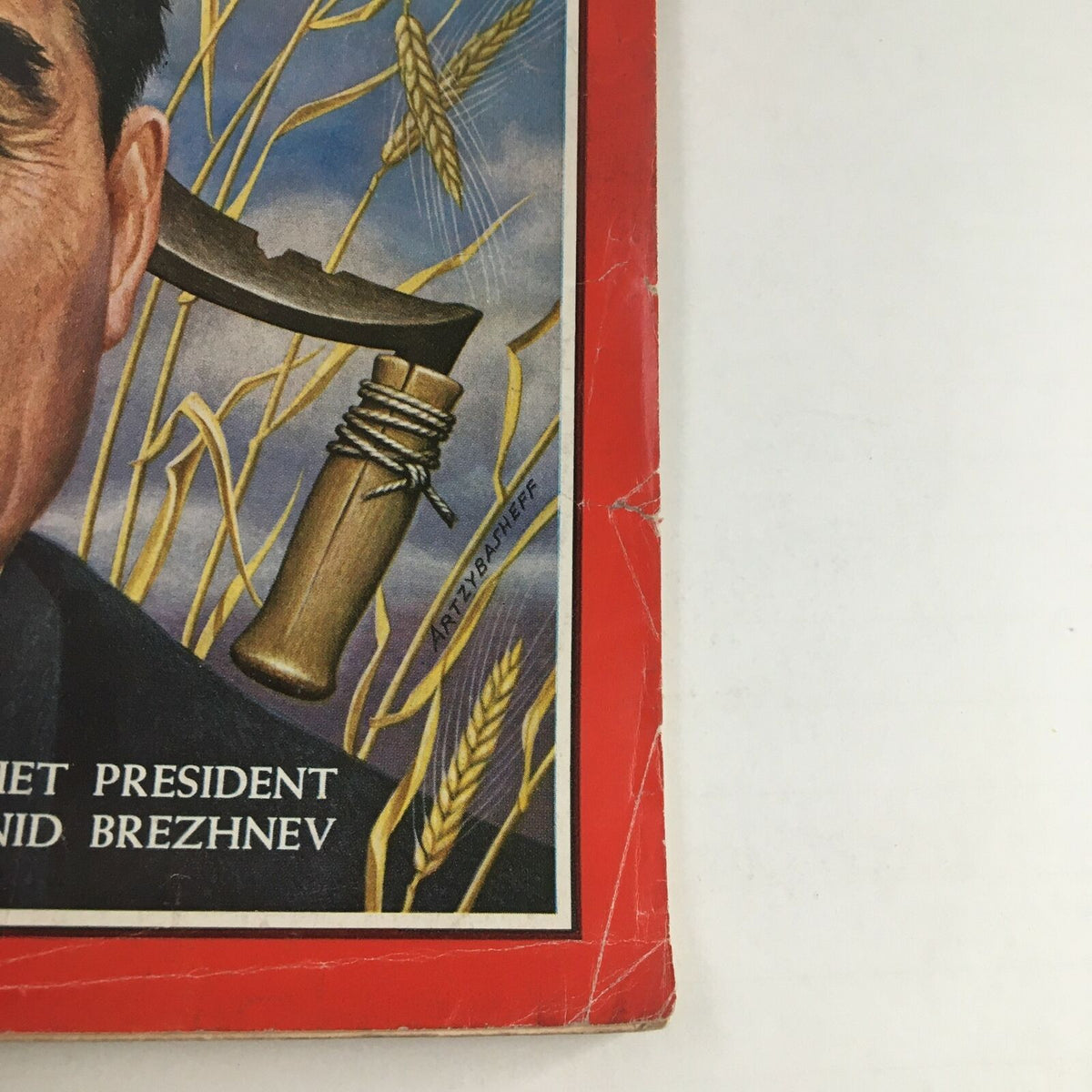 Close-up of Time Magazine February 21, 1964 cover highlighting Soviet President Leonid Brezhnev's image and the artwork with wheat and a sickle.