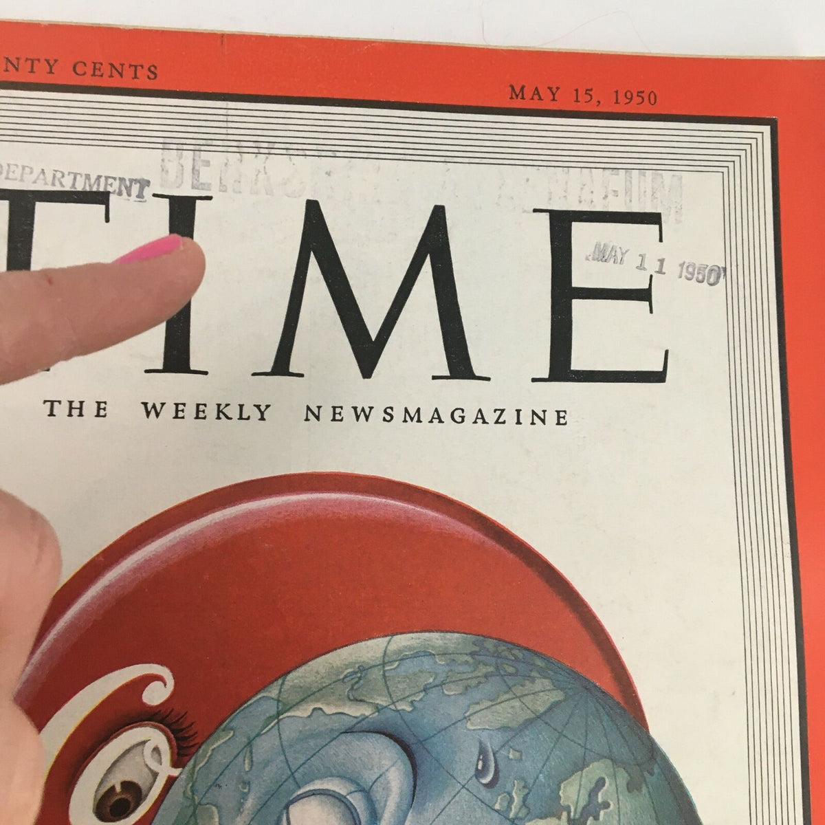 Cover page of Time Magazine May 15, 1950, featuring the title "TIME" with a vibrant illustration and a fingerprint indicating the date on the cover.