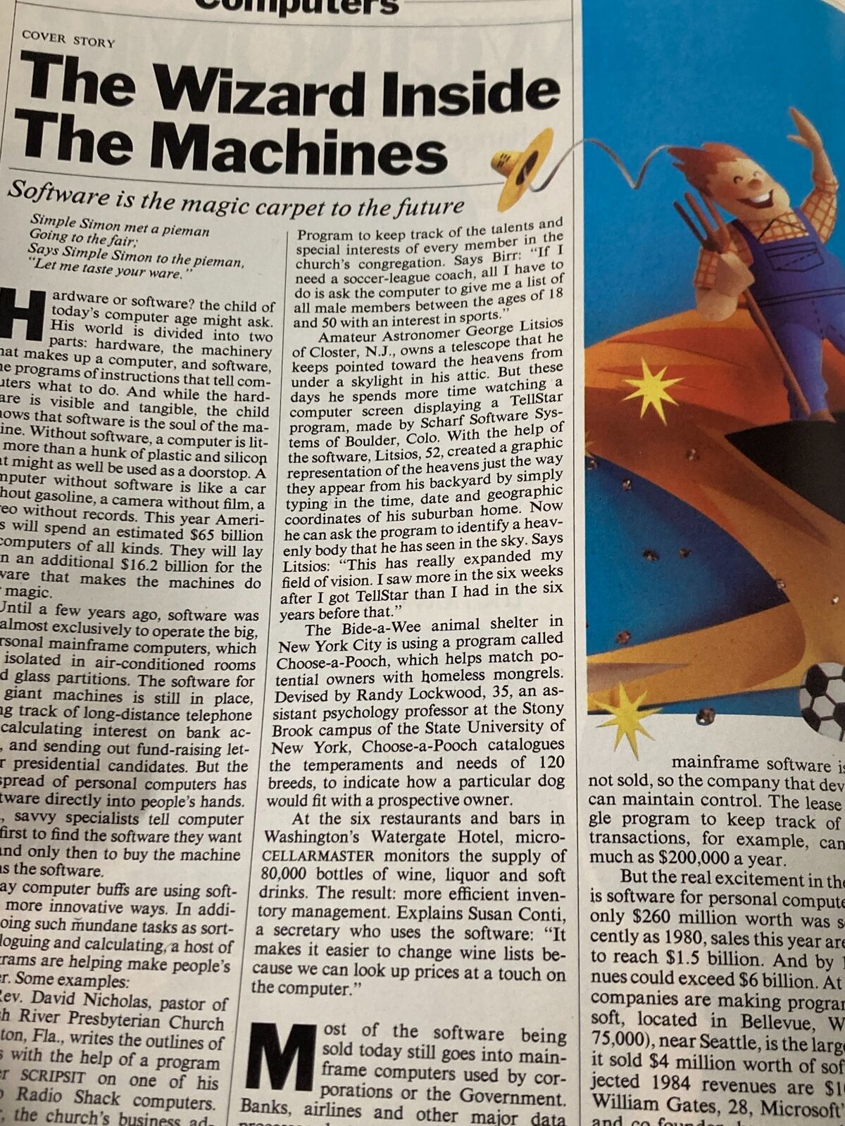 Cover story article titled 'The Wizard Inside The Machines' from Time Magazine, discussing the role of software in personal computing, dated April 16, 1984.