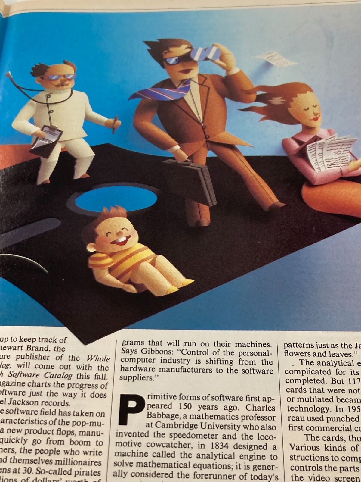 Illustration from Time Magazine April 16, 1984, depicting characters interacting around a computer, representing advancements in software technology.