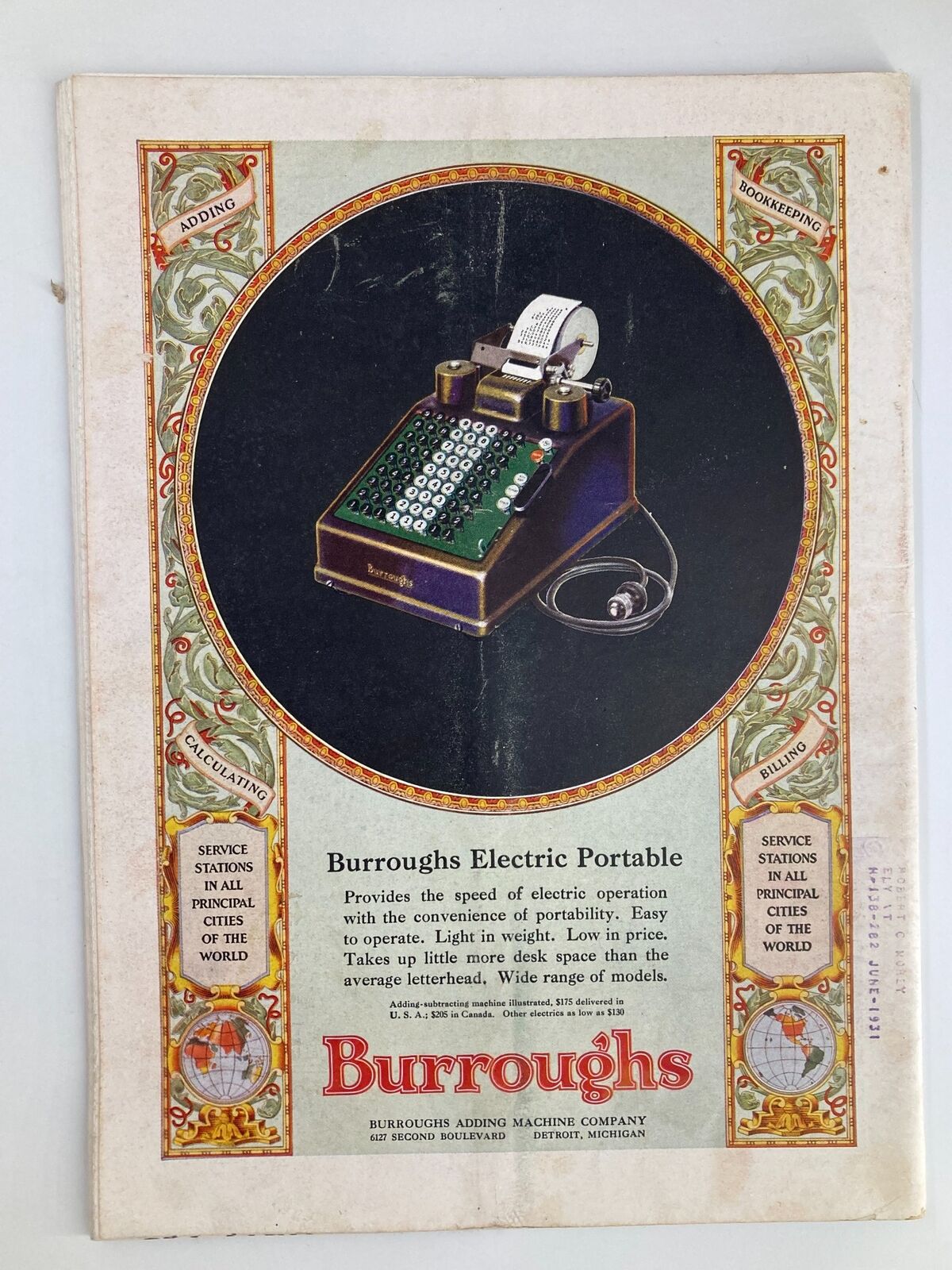 Back cover of VTG Time Magazine July 14, 1930 showcasing an advertisement for Burroughs Electric Portable adding machine, illustrating the vintage advertising style and technology of the era.
