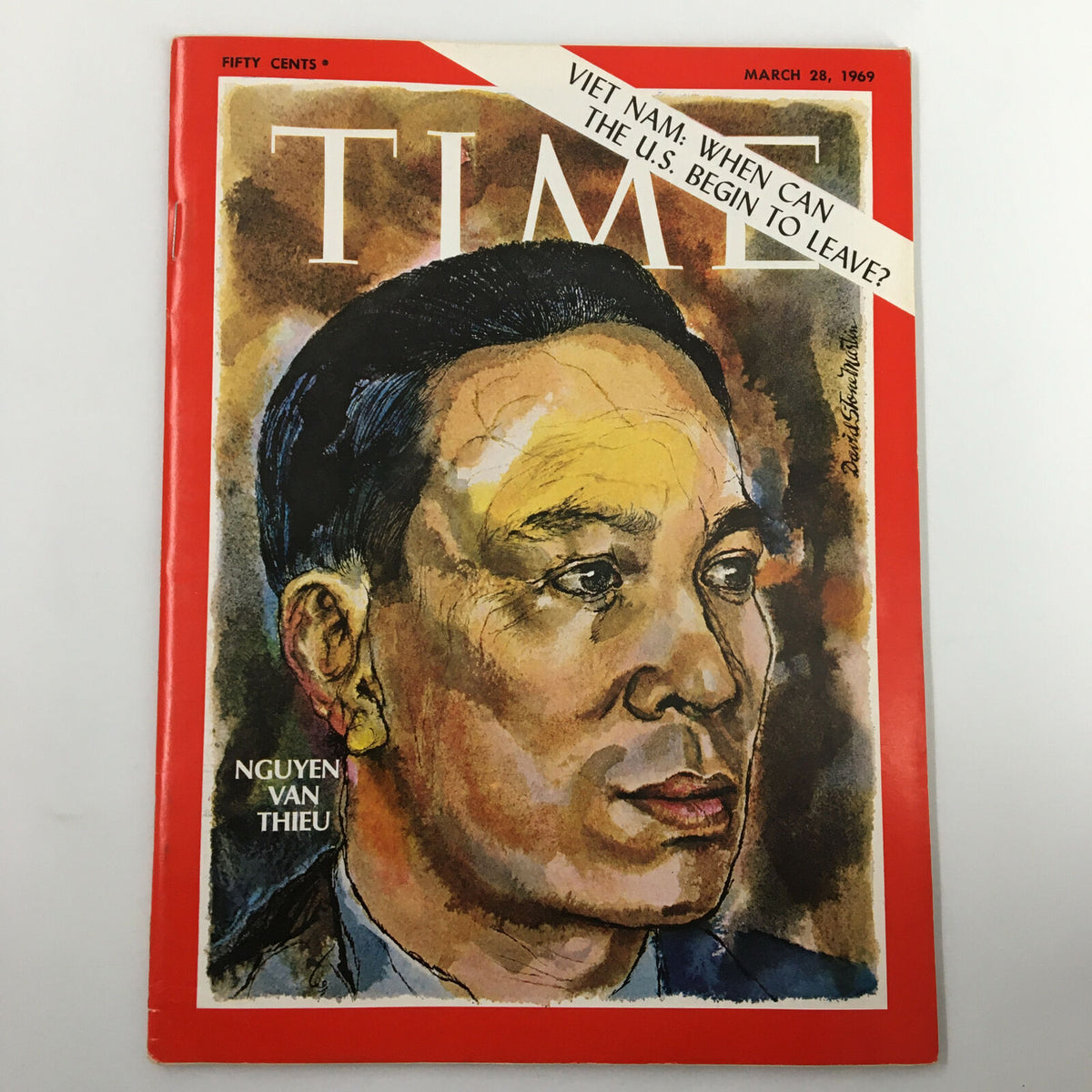 Vintage Time Magazine cover from March 28, 1969 featuring Nguyen Van Thieu, highlighting the topic 'Vietnam: When Can the U.S. Begin to Leave?'.
