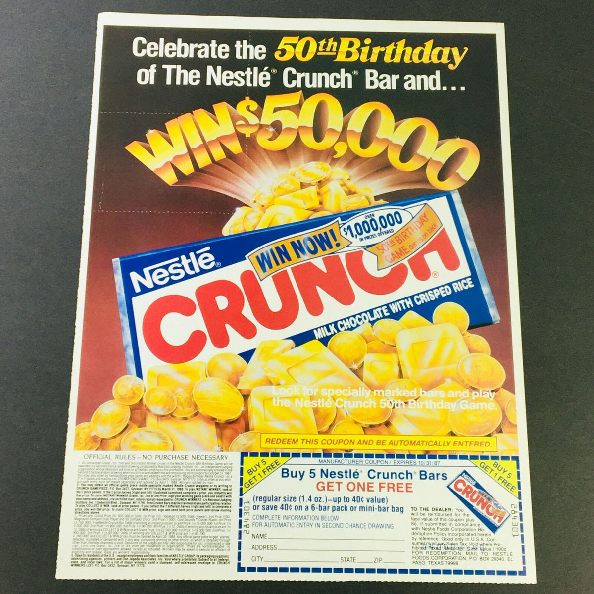 VTG Retro 1987 The Nestle Crunch Bar advertisement celebrating the 50th birthday with a chance to win $1,000,000. The ad features the iconic Nestle Crunch bar image and promotional details, perfect for collectors of vintage candy memorabilia.