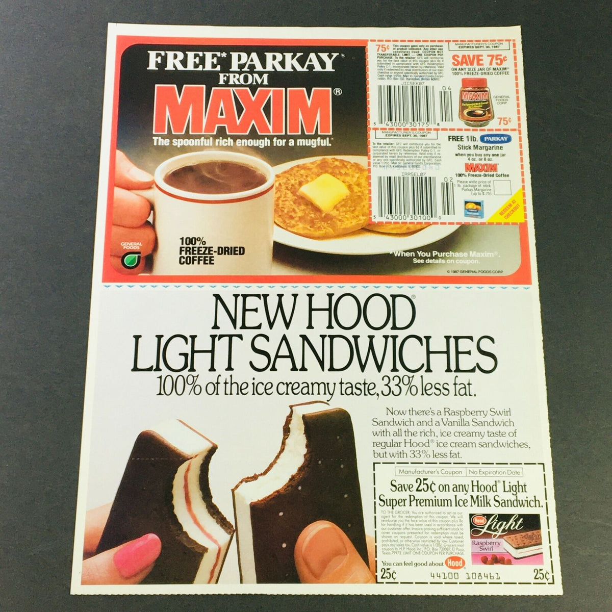 Vintage advertisement featuring coffee and Hood Light Sandwiches alongside a promotional coupon. While unrelated to The Nestle Crunch Bar, this image showcases the diverse offerings in vintage marketing from the 1980s.