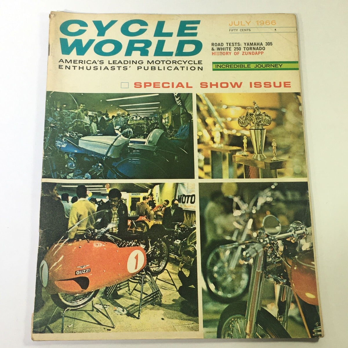 Cover of VTG Cycle World Magazine, July 1966, featuring road tests of the Yamaha 305 and White 250 Tornado, showcasing motorcycle culture and technology from the 1960s.