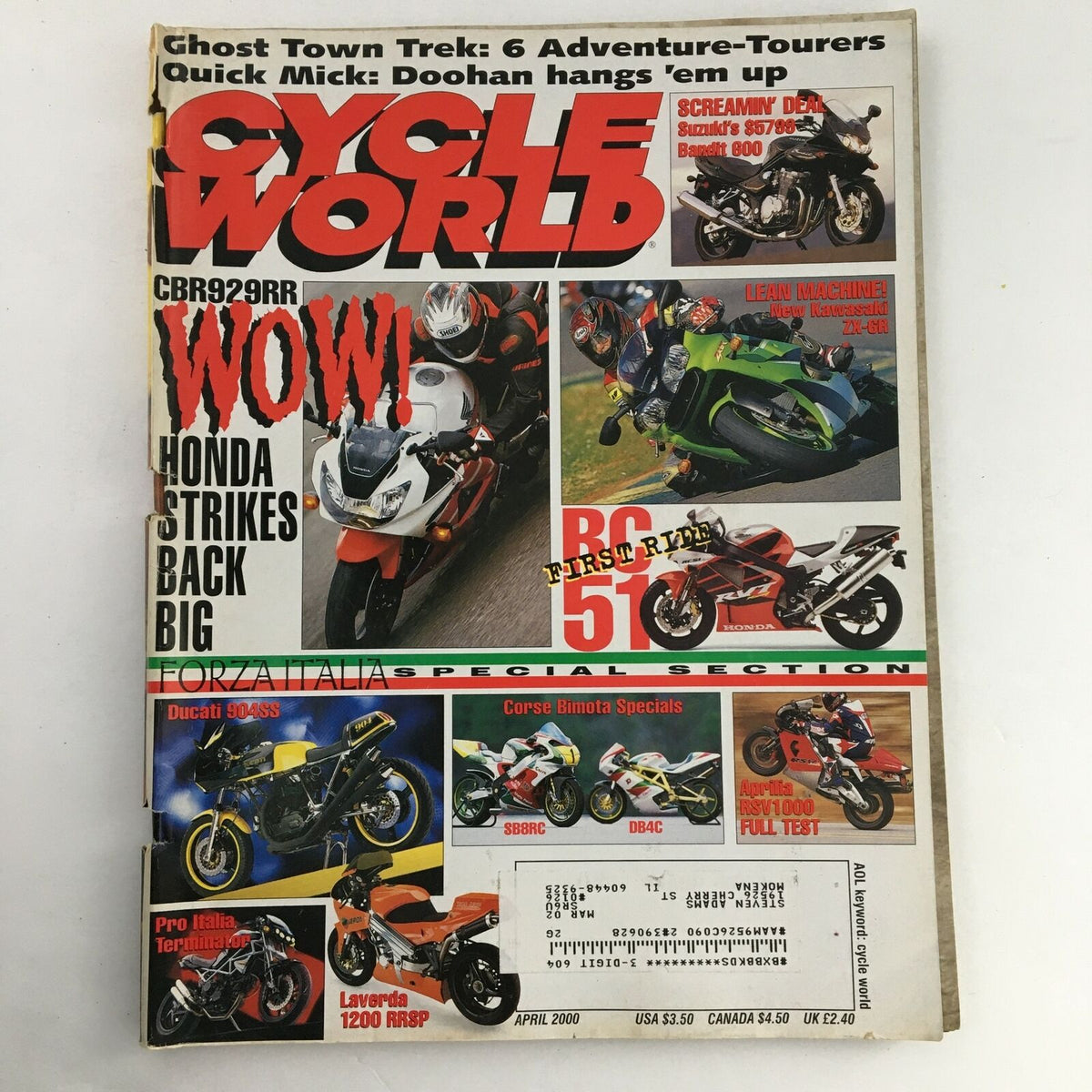 Cycle World Magazine April 2000 cover featuring Laverda 1200 RRSP, Kawasaki ZX-6R, and Honda BR-51, showcasing motorcycle models and vibrant imagery from the early 2000s.