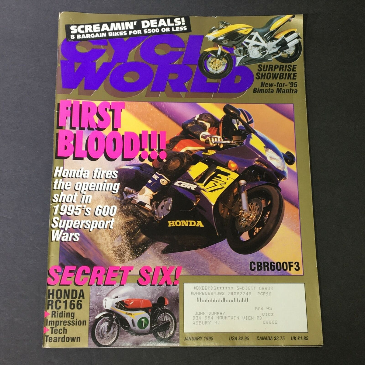 Cover of Cycle World Magazine January 1995 featuring articles on Honda CBR600F3 and Honda RC166 with a dynamic motorcycle image and bold text highlights.