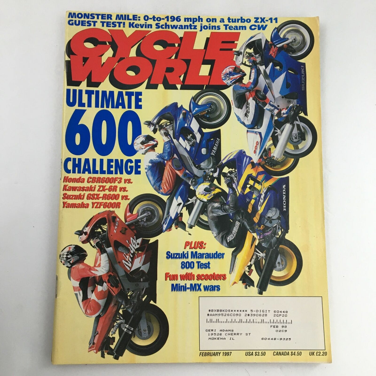 Cycle World Magazine February 1997 cover featuring the Ultimate 600 Challenge and Suzuki Marauder 800 Test, showcasing colorful motorcycle designs and racing action.
