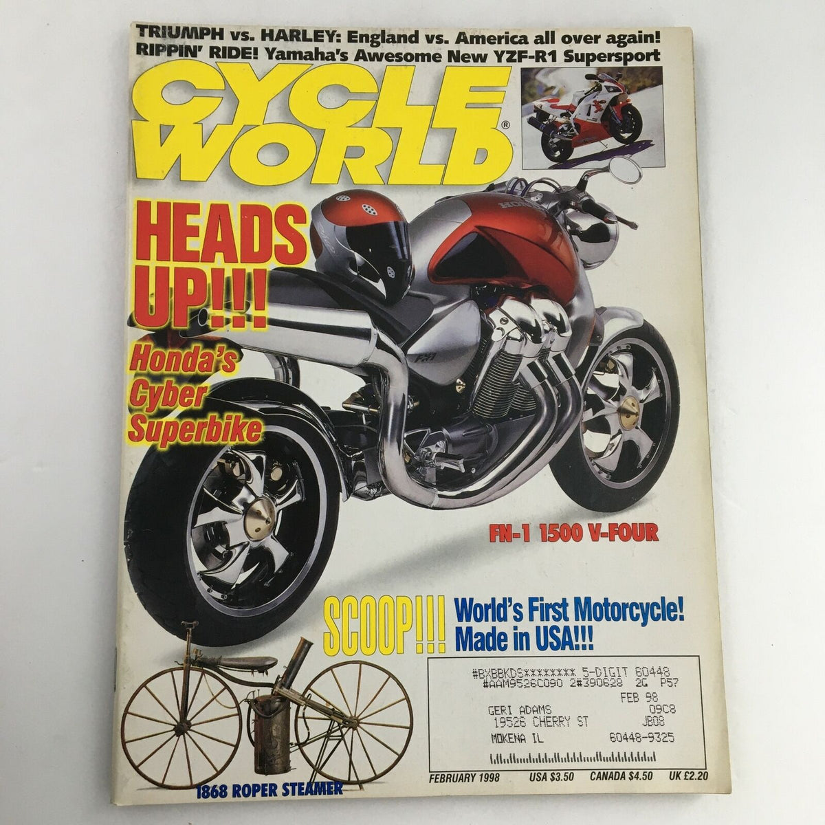 Cycle World Magazine February 1998 cover featuring the FN-1 1500 V-Four motorcycle and the 1868 Roper Steamer, showcasing vintage motorcycle engineering and design.
