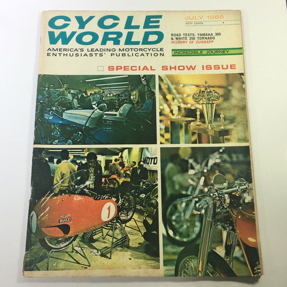 Cover of VTG Cycle World Magazine July 1966 featuring road tests of Yamaha 305 and White 250 Tornado, showcasing motorcycle enthusiasts at the show, vibrant images of classic bikes and event highlights.