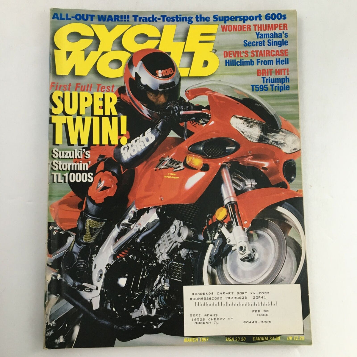 Cycle World Magazine March 1997 cover featuring the Suzuki TL1000S motorcycle, showcasing the first full test of the Super Twin, with a rider in racing gear.