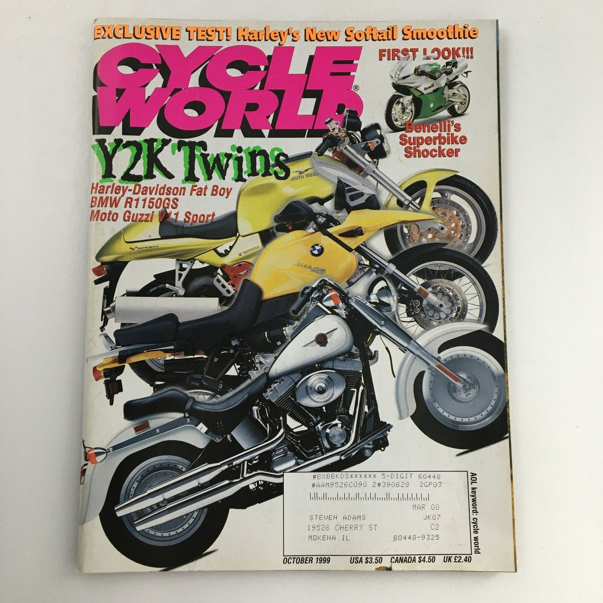 Cycle World Magazine October 1999 featuring Harley-Davidson Fat Boy and BMW R1150GS Y2K Twins, showcasing iconic motorcycles on the cover with vibrant colors and promotional text.