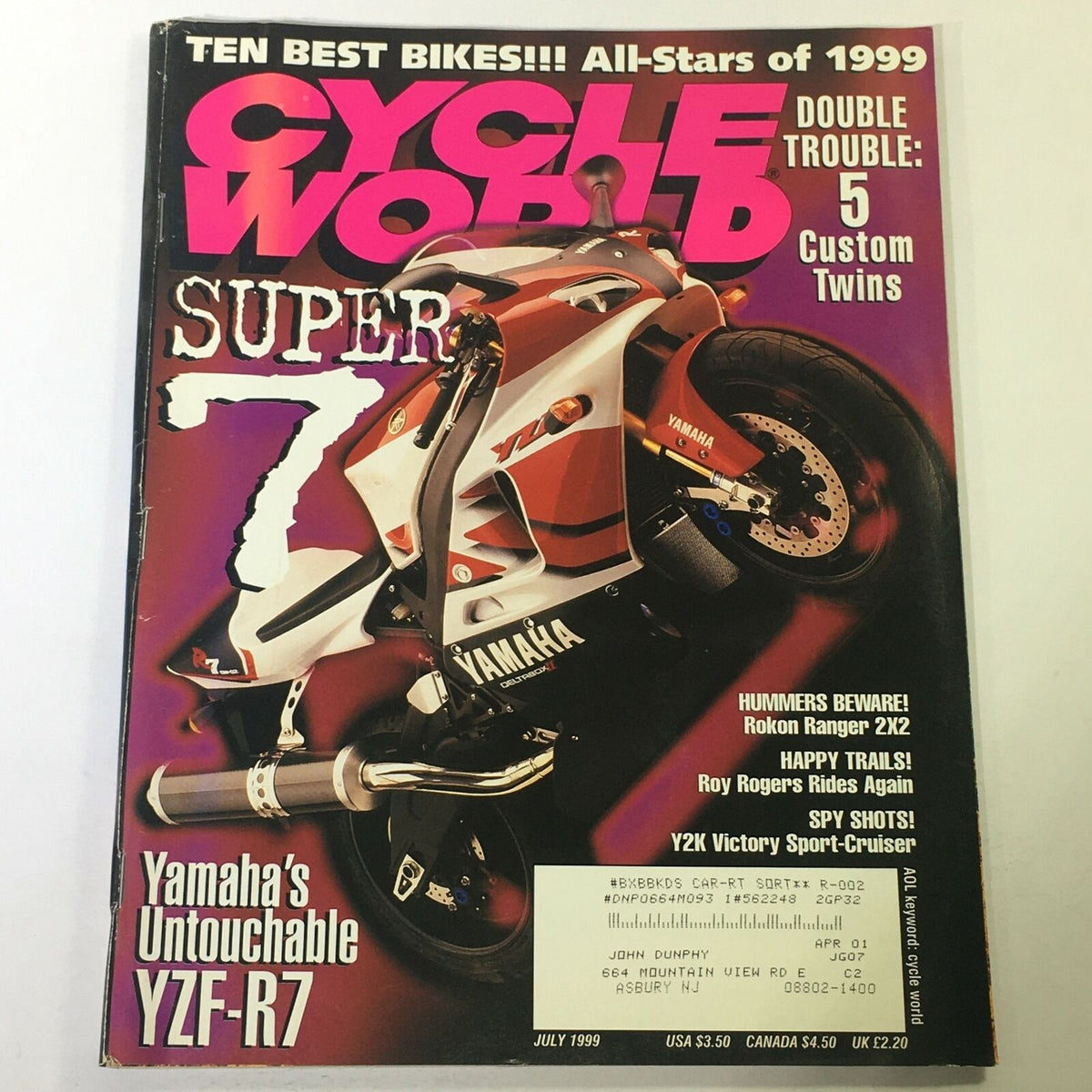 Cover of Cycle World Magazine July 1999 featuring the Yamaha YZF-R7, Rokon Ranger 2x2, and Roy Rogers. The cover presents striking graphics and highlights features about top bikes of 1999.