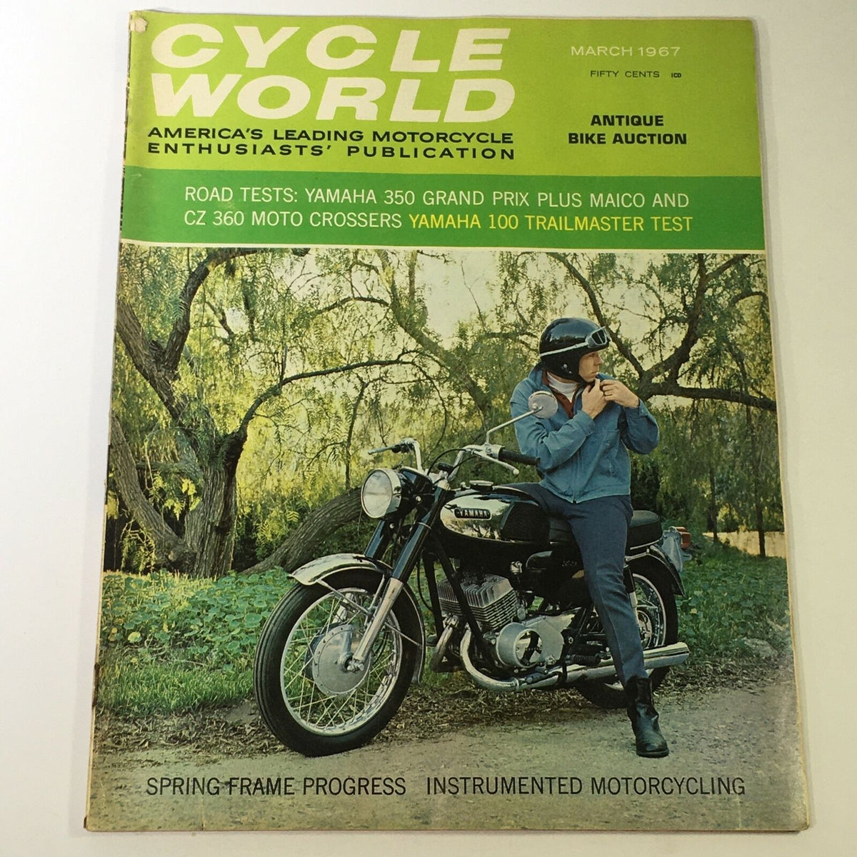 Cover of VTG Cycle World Magazine from March 1967 featuring road tests of Yamaha 350 Grand Prix and CZ 360 Moto Cross, showcasing a rider on a motorcycle in a natural setting.