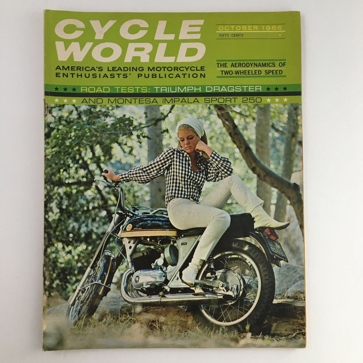 Cycle World Magazine October 1966 cover featuring Triumph Dragster and Montesa Impala 250 with a model posed on a motorcycle in a natural setting.