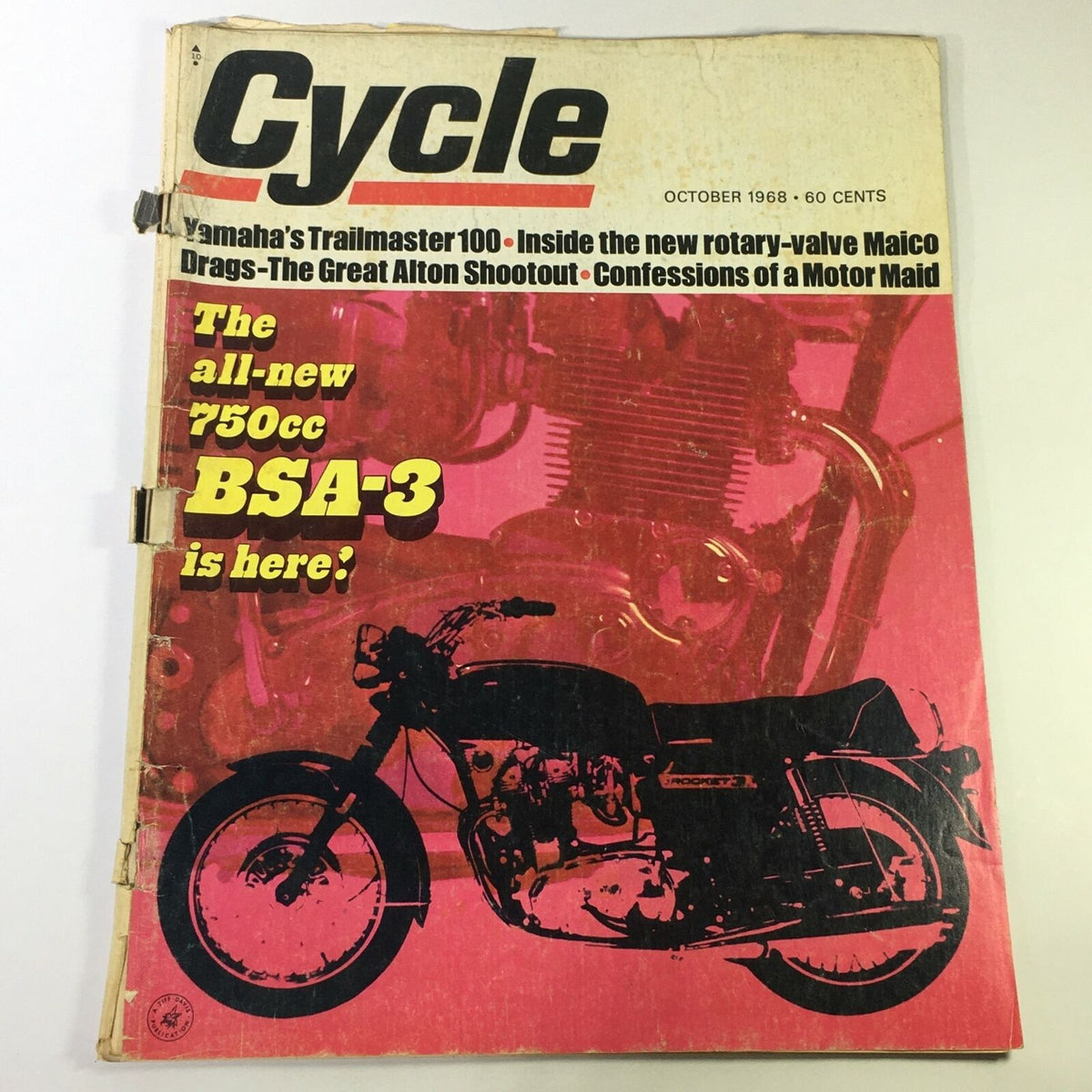 Cover of VTG Cycle Magazine October 1968 featuring the 750cc BSA-3 and Yamaha Trailmaster 100 with vibrant graphics and automotive design elements.