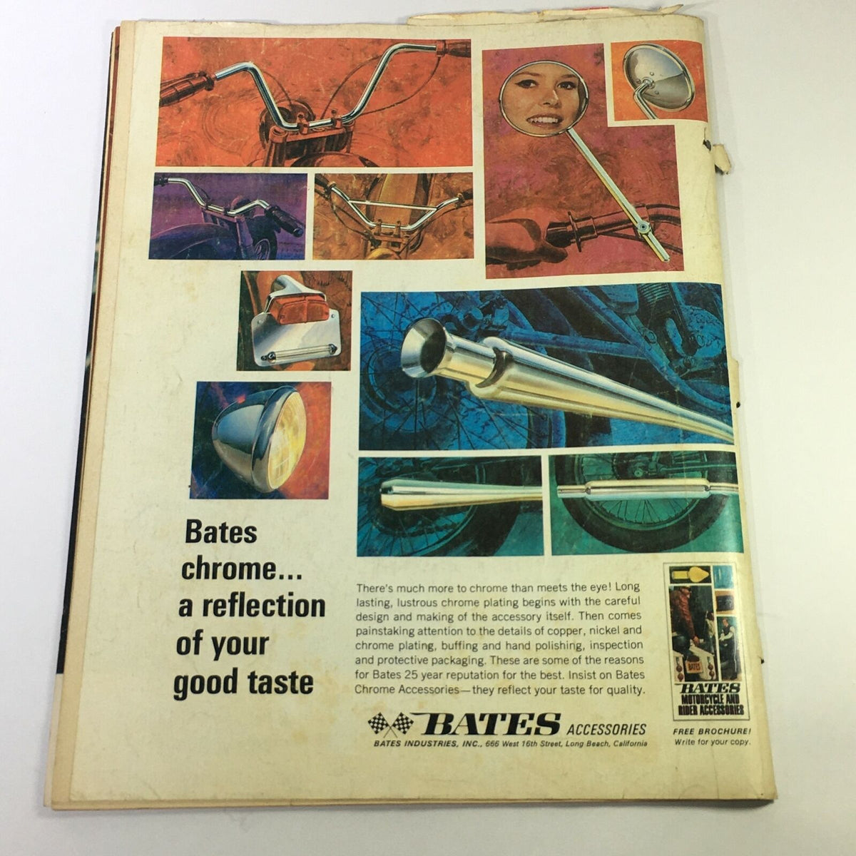 Back cover of VTG Cycle Magazine October 1968 displaying Bates chrome accessories advertisement, featuring illustrations of motorcycle parts and a reflective surface.