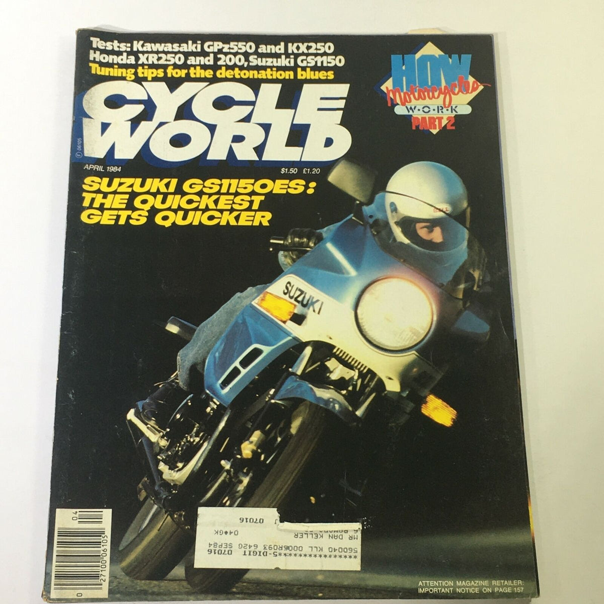 Cover of VTG Cycle World Magazine April 1984 featuring tests of Kawasaki GPz550, KX250, and Honda XR250, alongside an article about the Suzuki GS1150ES motorcycle. The magazine highlights motorcycle culture from the mid-1980s.