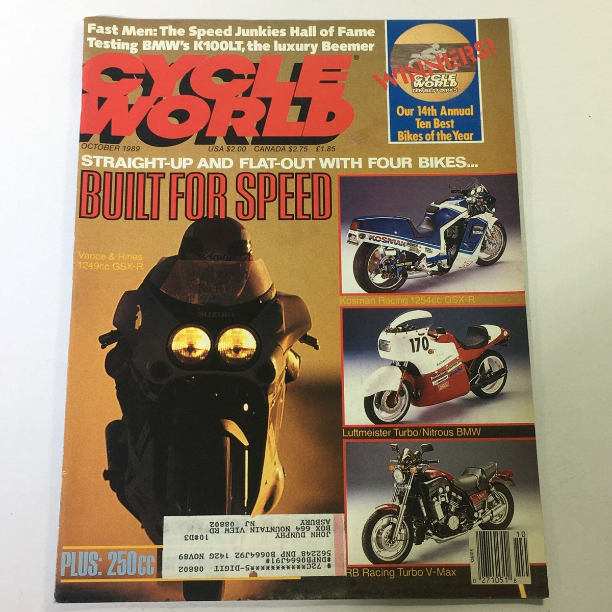 Cycle World Magazine cover from October 1989 featuring Vance & Hines 1249cc GSX-R and Kosman GSXR. The cover highlights superbike innovations and features four racing bikes, with a focus on speed and performance.