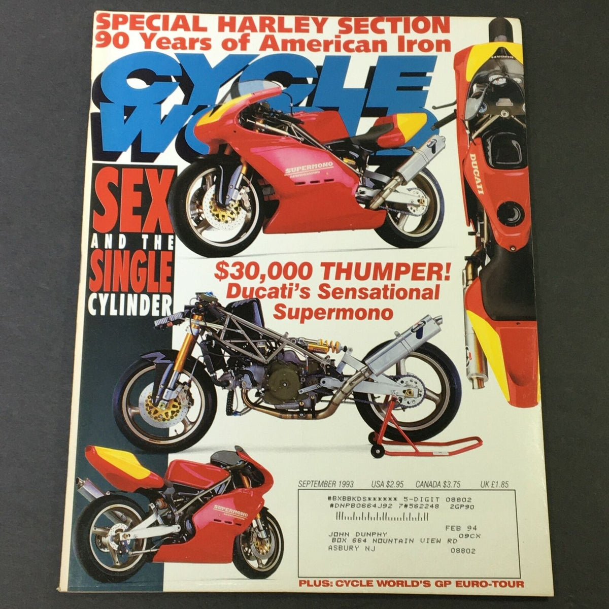 Cycle World Magazine September 1993 cover featuring Ducati's Sensational Supermono, showcasing iconic motorcycle designs and elements of motorcycle culture.