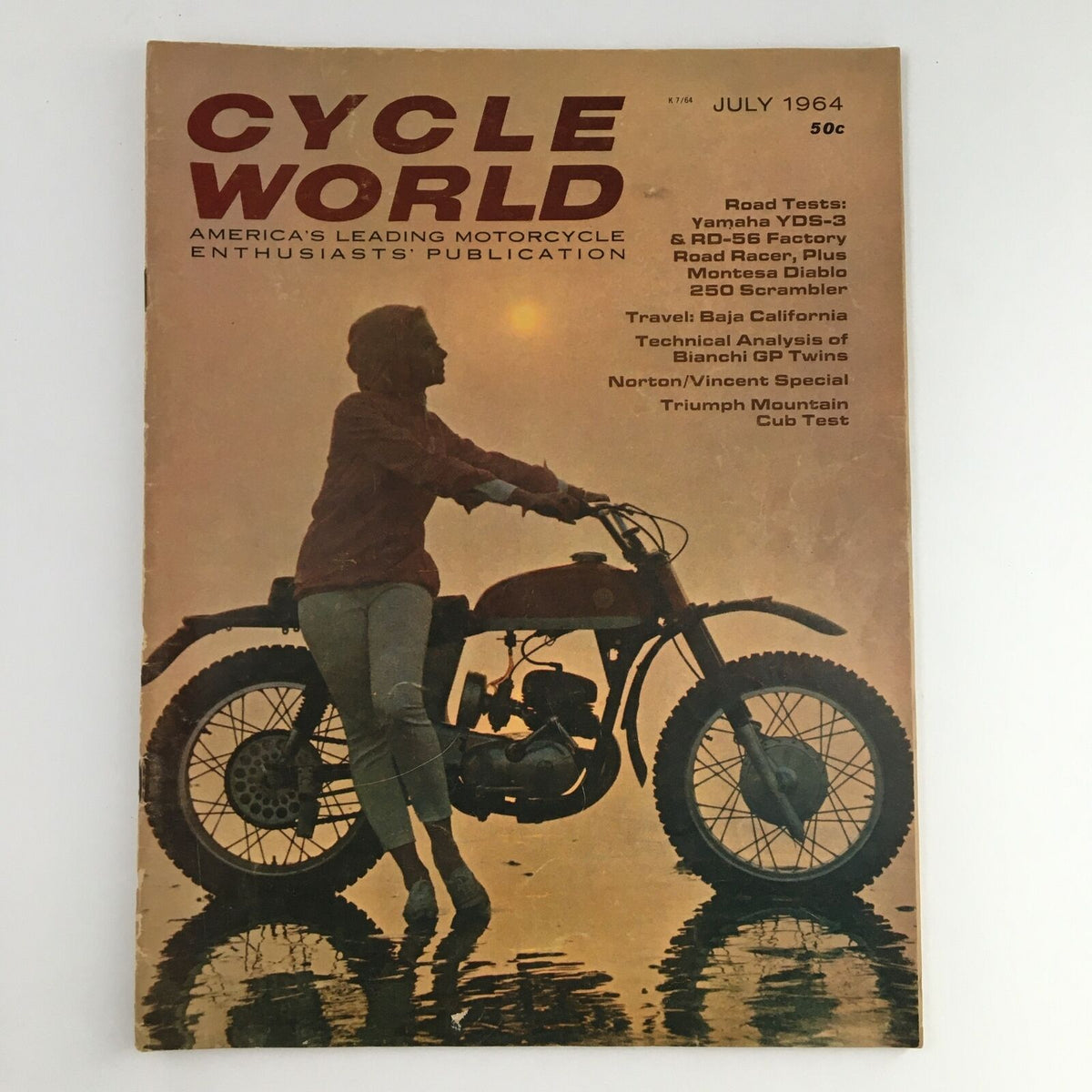 Cycle World Magazine July 1964 issue showcasing Yamaha YDS-3 and RD-56 with a motorcycle rider on the cover, reflecting the spirit of motorcycle culture in the 1960s.