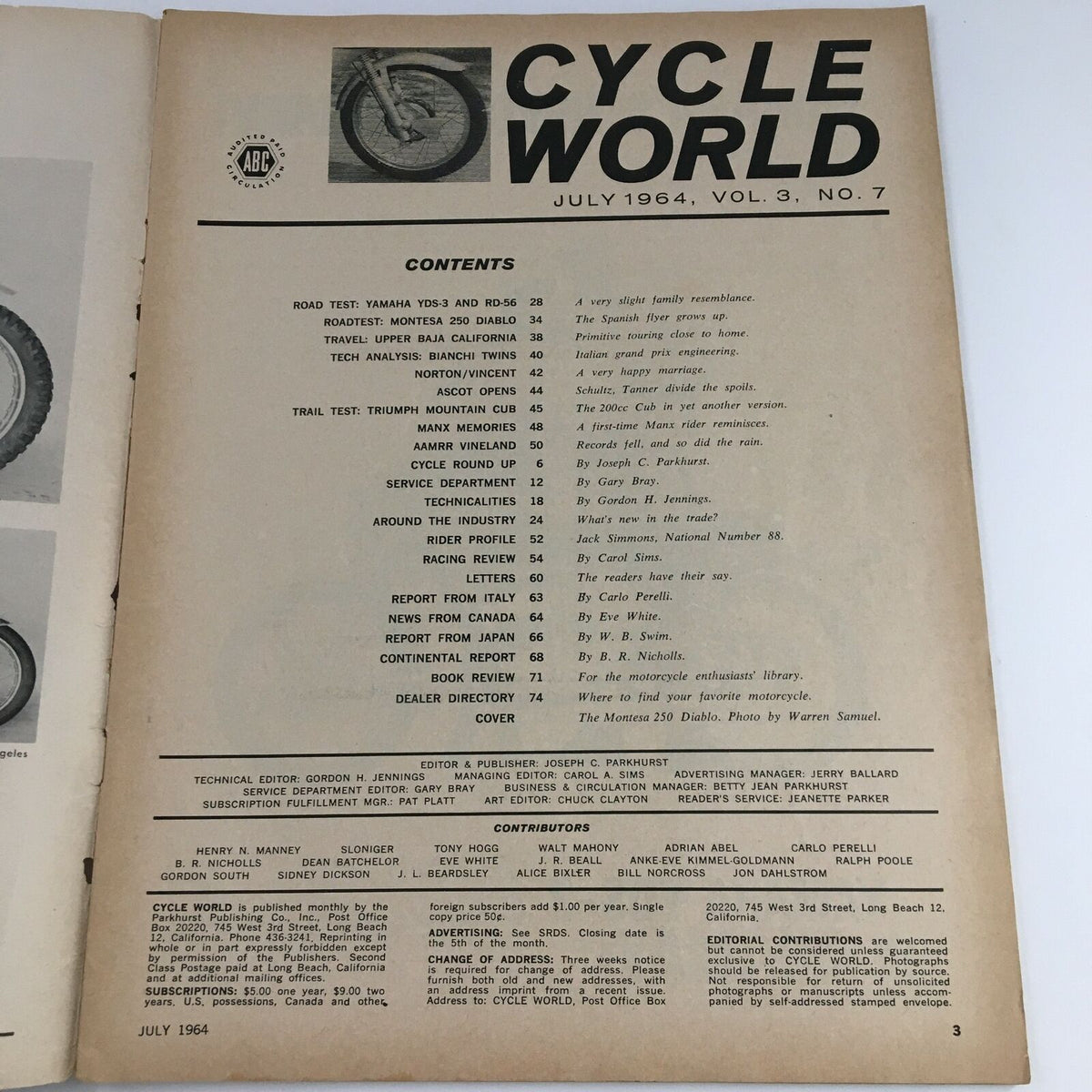Contents page of Cycle World Magazine July 1964, detailing articles including Yamaha YDS-3 and RD-56 road tests, Montesa 250 Diablo, and travel features.