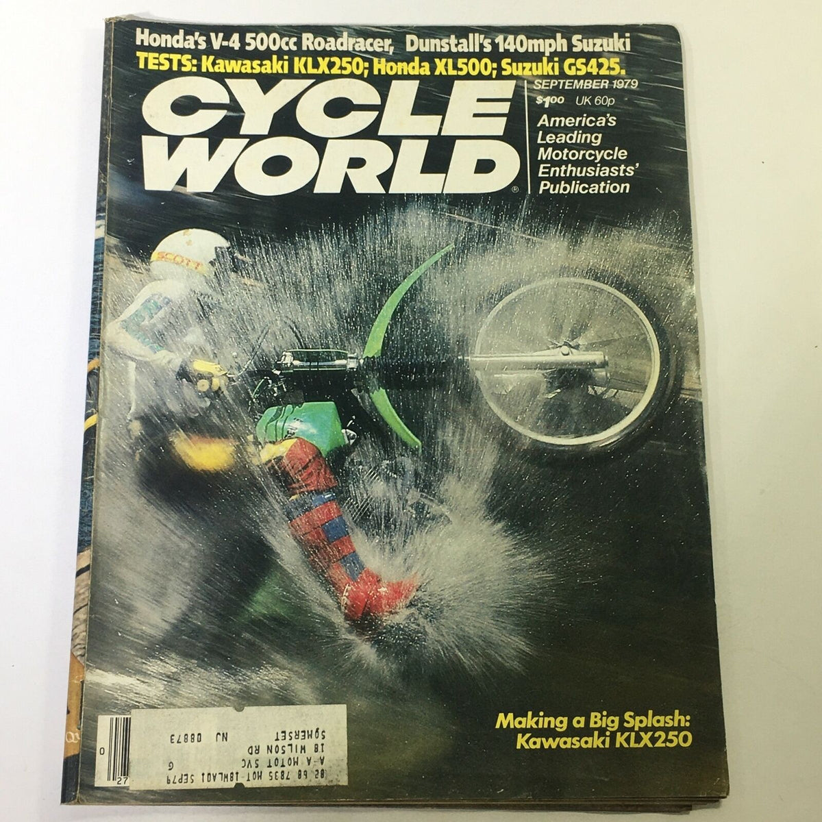 Cycle World Magazine cover from September 1979 featuring the Kawasaki KLX250 and Honda XL500 test. The cover showcases a vibrant image of a cyclist splashing through water, emphasizing the adventurous motorcycle culture of the late '70s.