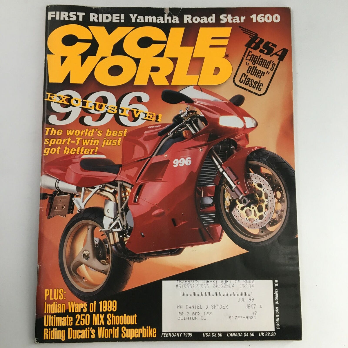 Cycle World Magazine February 1999 featuring Yamaha Road Star 1600 on the cover, showcasing motorcycle culture with a vibrant image of Ducati 996. Highlights include expert reviews and articles on motorcycling performance and design.