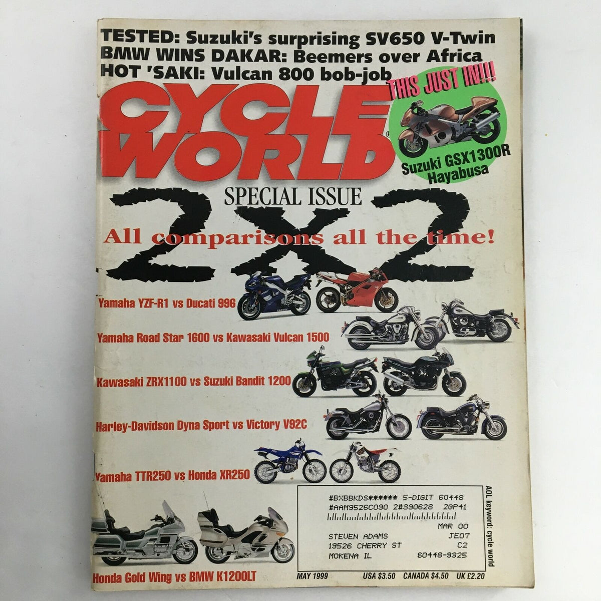 Cycle World Magazine May 1999 cover featuring a comparison issue of Yamaha YZF-R1 vs Ducati 996, with additional motorcycle models and articles highlighted.
