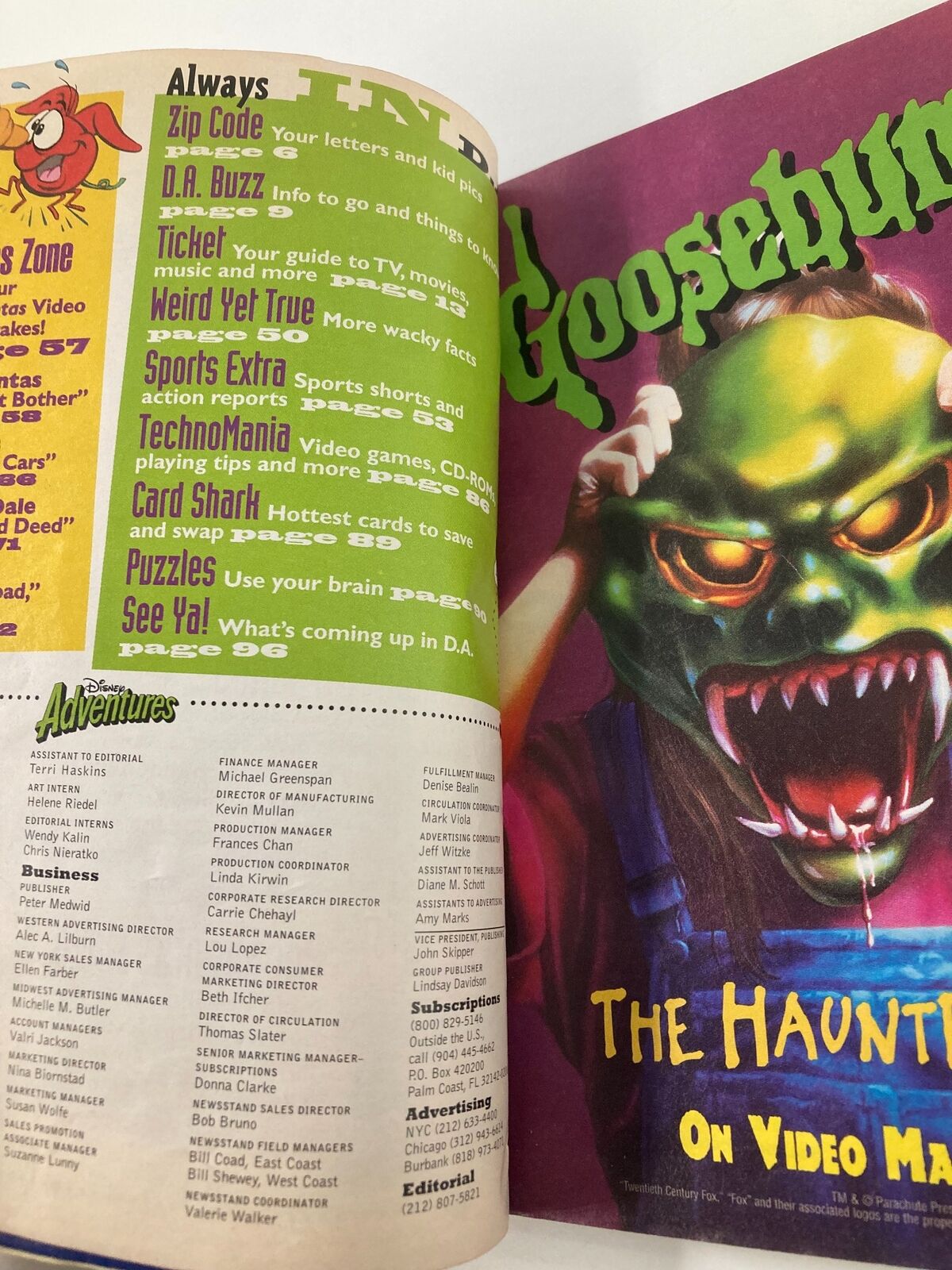 Interior page of Disney Adventures Magazine April 1996, showcasing editorial content and sections like 'D.A. Buzz', 'Weird Yet True', and 'Puzzles'.
