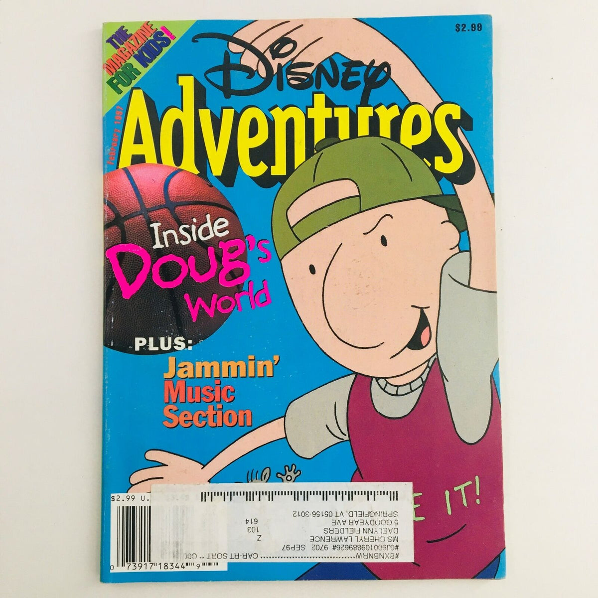 Disney Adventures Magazine from February 1997 featuring Inside Doug's World and Jammin' Music Section on the cover, showcasing vibrant colors and a nostalgic design perfect for collectors.