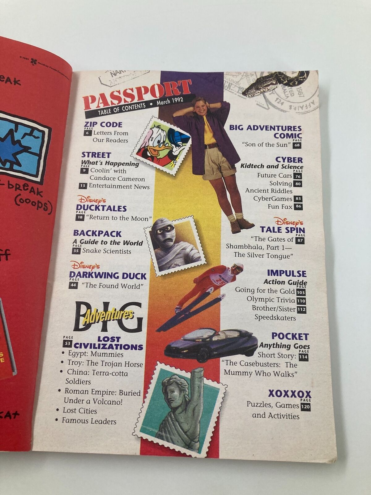 Table of contents page from Disney Adventures Magazine March 1992, showcasing articles and themes including Coolin' with Candace Cameron and various Disney characters.