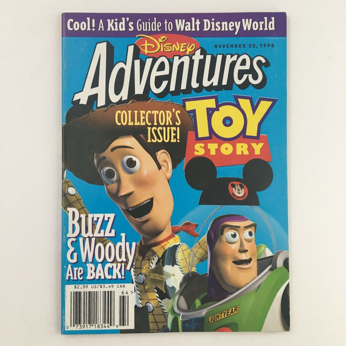Disney Adventures Magazine November 30 1996 featuring Buzz Lightyear and Woody on the cover, highlighting it as a collector's issue celebrating Toy Story.