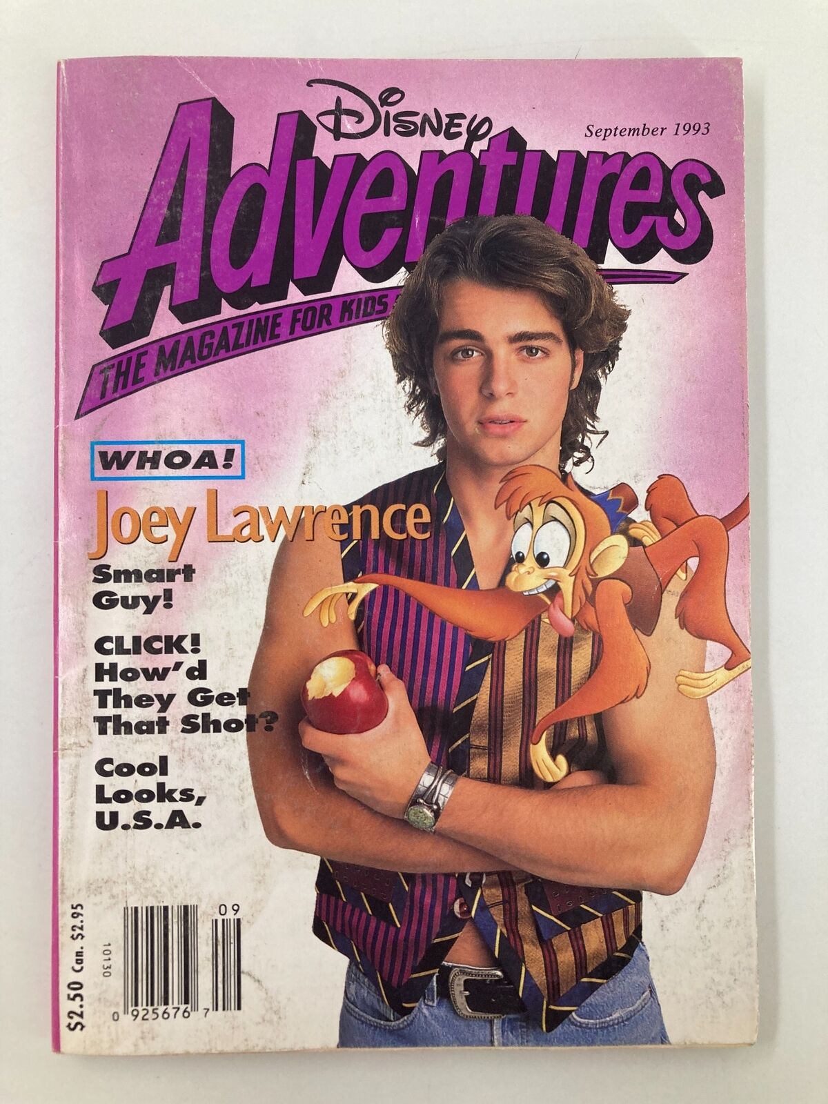 Cover of Disney Adventures Magazine, September 1993 featuring Joey Lawrence with a playful expression, holding an apple while surrounded by cartoon characters, highlighting vintage 90s culture and nostalgia.
