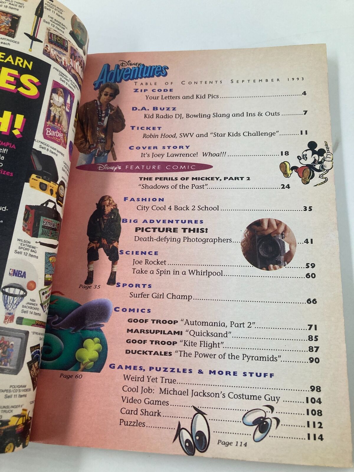 Table of contents page from Disney Adventures Magazine September 1993 featuring Joey Lawrence as the cover story. The listing includes sections like Zip Code, D.A. Buzz, Cover Story, and various comics and games, showcasing nostalgic content from the 90s.