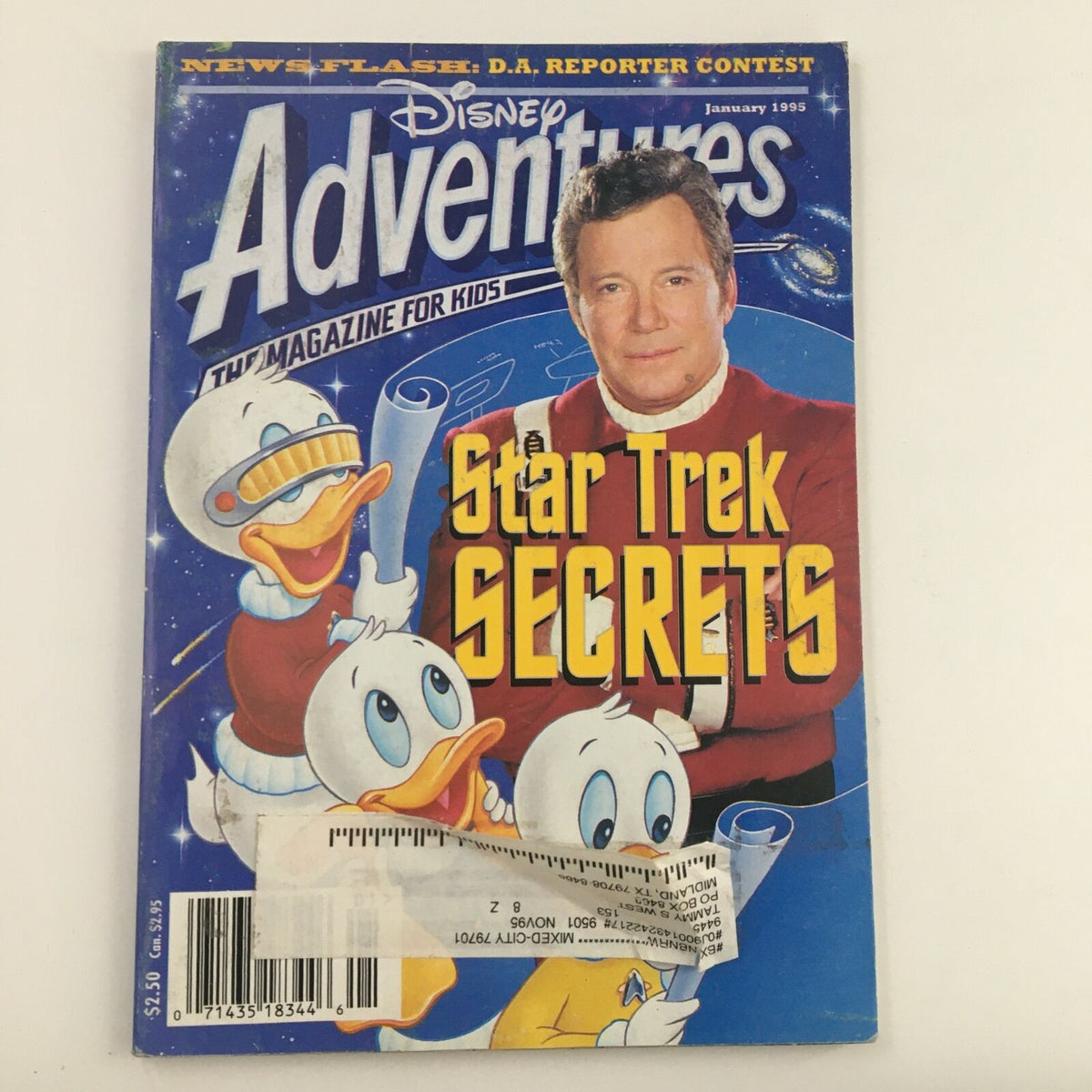 Disney Adventures Magazine January 1995 featuring Star Trek Secrets, featuring characters Donald Duck and Huey, Dewey, Louie, alongside an image of William Shatner. This vintage issue highlights unique content and nostalgia for collectors.