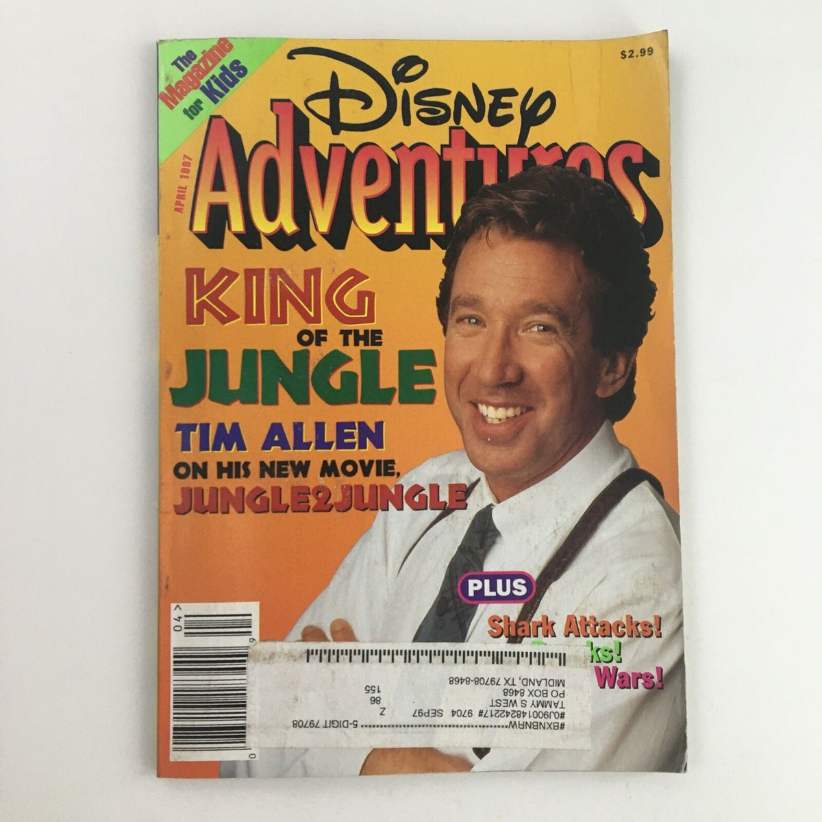 Disney Adventures Magazine April 1997 featuring Tim Allen as the King of the Jungle, promoting his movie Jungle 2 Jungle. The colorful cover captures the essence of 90s nostalgia and Disney charm.