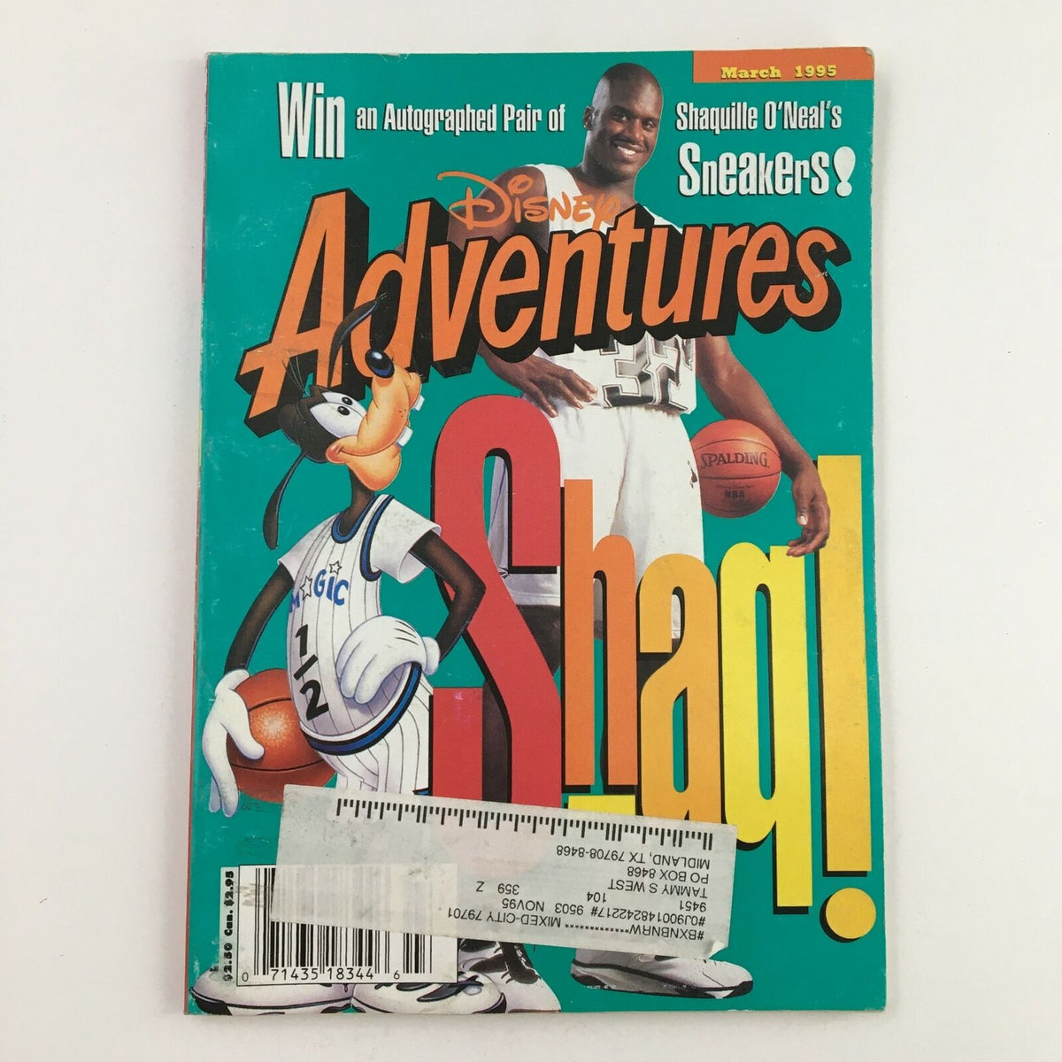 Cover of Disney Adventures Magazine March 1995 featuring Shaquille O'Neal and Goofy, showcasing vibrant colors and playful graphics, highlighting Shaq's basketball career and the whimsical spirit of Disney.