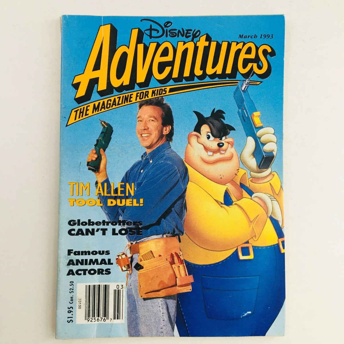 Disney Adventures Magazine March 1993 cover featuring Tim Allen in 'Tool Duel' with cartoon character beside him, highlighting adventures and fun for kids.