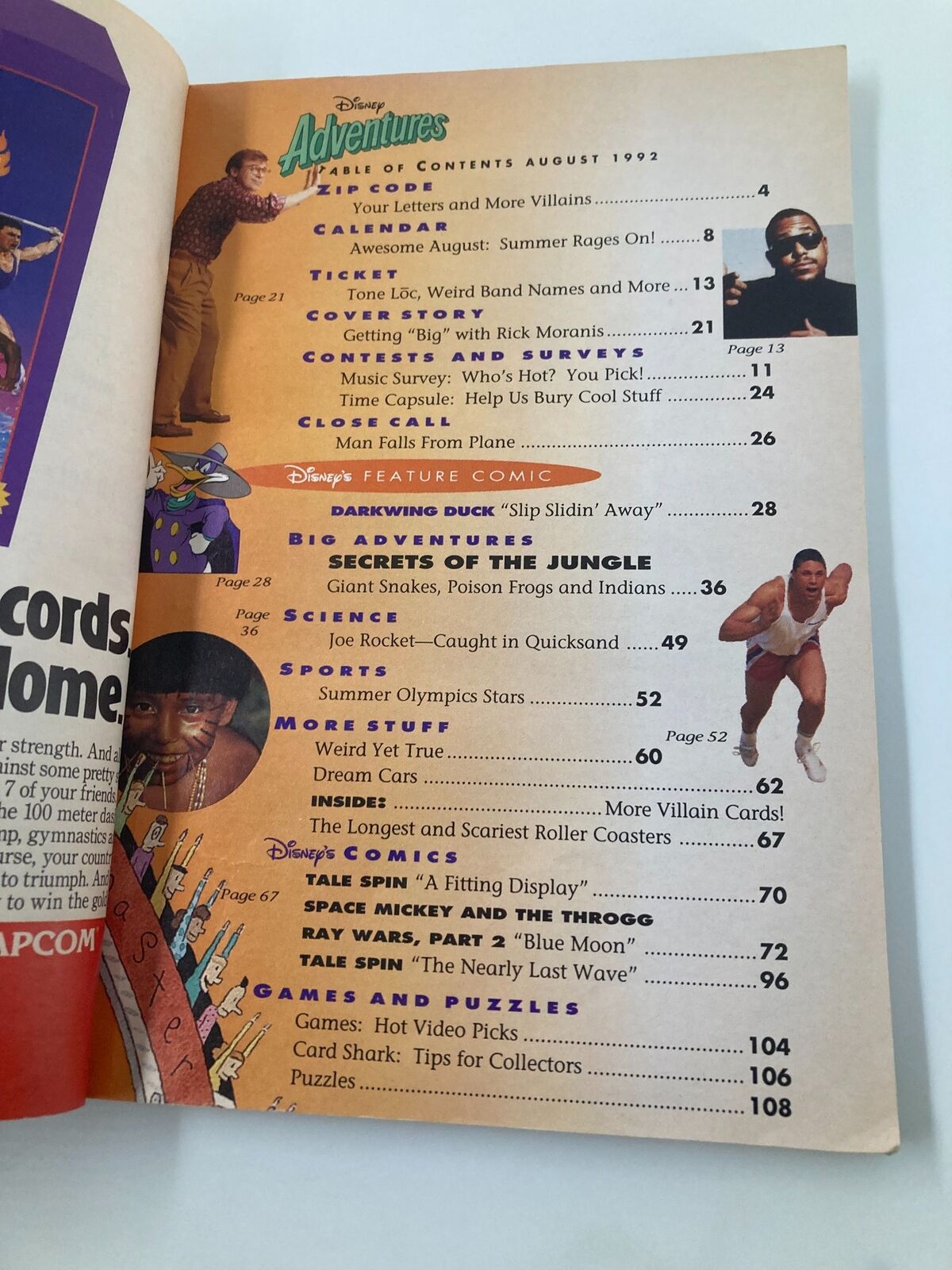 Table of contents from Disney Adventures Magazine August 1992, highlighting various sections and articles, including Rick Moranis and the Summer Olympics. The layout displays the magazine's range of topics.