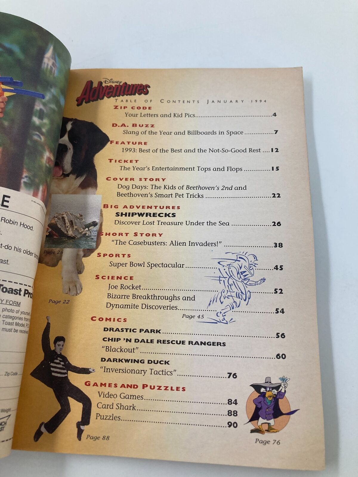 Table of contents page from the Disney Adventures Magazine January 1994, listing articles including "The Kids of Beethoven's 2nd" and "Beethoven's Smart Pet Tricks."