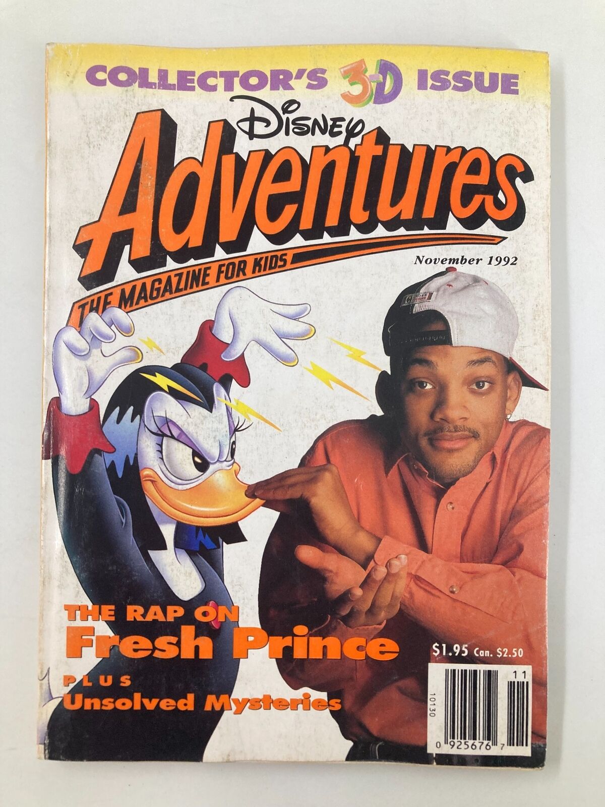 Cover of Disney Adventures Magazine from November 1992 featuring Will Smith as the Fresh Prince and Donald Duck, a collectible vintage magazine.