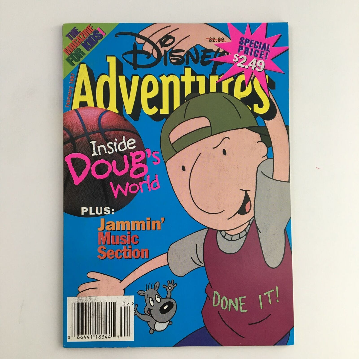 Cover of Disney Adventures Magazine February 1997 featuring Doug and his dog, showcasing the title 'Inside Doug's World' along with a special price sticker.