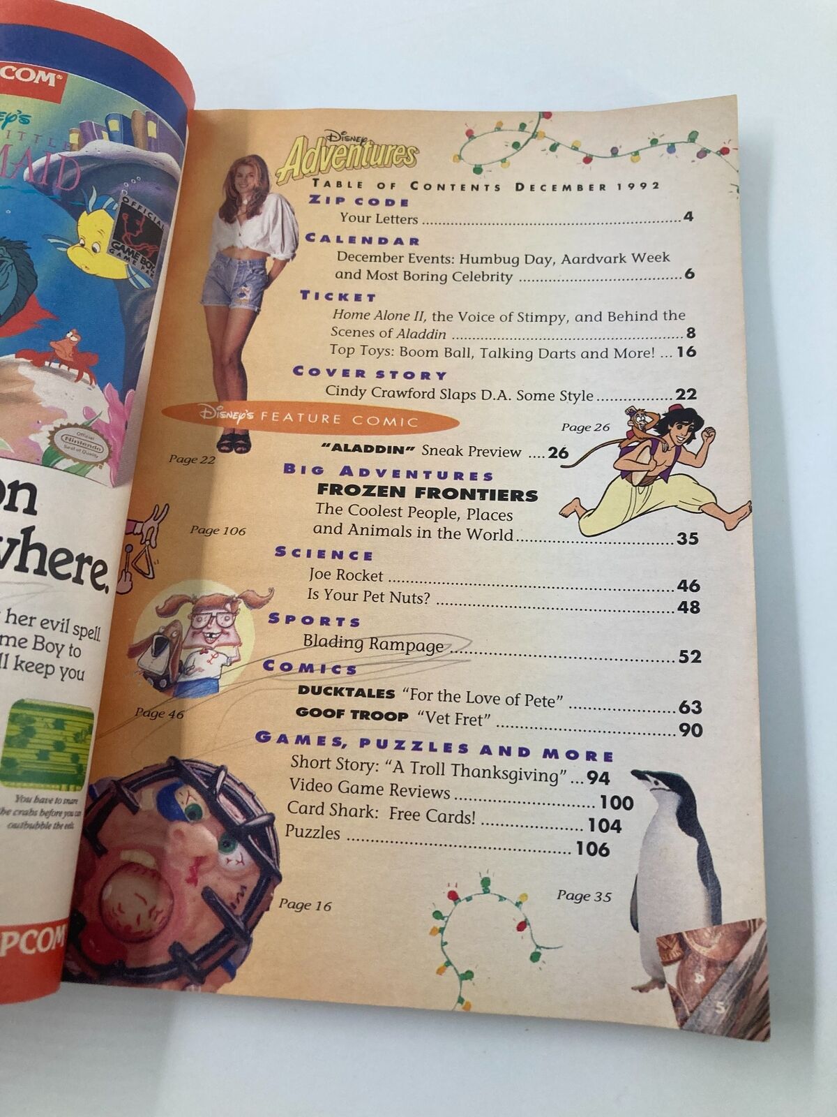 Table of contents from Disney Adventures Magazine December 1992, featuring cover story 'Cindy Crawford Slaps D.A. Some Style' and nostalgic articles about Disney characters and culture.